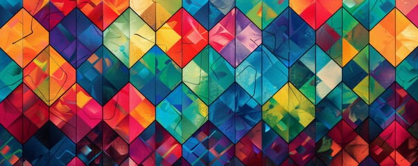 Wall Mural - Abstract geometric background with a pattern of interlocking diamonds and hexagons in rich jewel tones. The intricate design and vibrant colors create a luxurious and opulent feel.