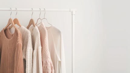 Wall Mural - A close-up image of five neutral-colored clothing items hanging on a white garment rack