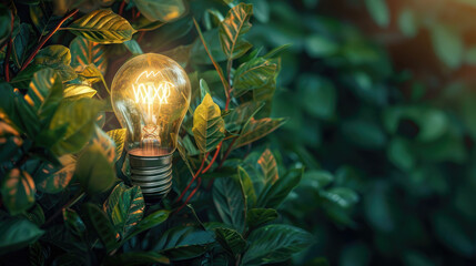 Wall Mural - A light bulb is lit up in a green bush. The light bulb is surrounded by leaves and branches, creating a warm and inviting atmosphere