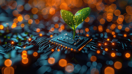 Wall Mural - A small green plant is growing on top of a computer chip. The image has a futuristic and technological feel to it, with the plant being the only natural element in the scene