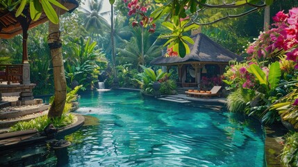 Luxurious tropical resort with blue swimming pool surrounded by lush green jungle, palm trees, exotic flowers, and traditional wooden bungalows. Concept of paradise, vacation, relaxation, and travel