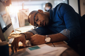 Aufkleber - Businessman, tired and sleeping on desk in office for burnout, fatigue and sleep for working overtime. Male person, exhausted and rest nap for low energy, mental health and insomnia with depression