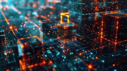 Abstract digital cityscape with glowing cubes and data flow, representing concepts like blockchain, cryptocurrency, and the metaverse