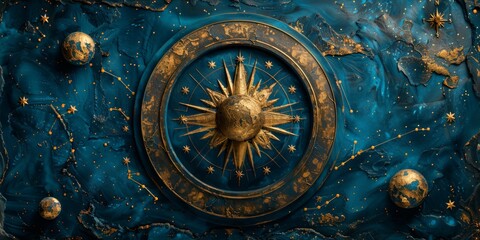 Wall Mural - golden compass and celestial map on a dark blue background with constellations, symbolizing explorat