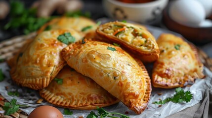 Wall Mural - Indonesian potato patties filled with sautÃ©ed vegetables, chicken, and egg. The pastry is made from leftover sourdough starter.