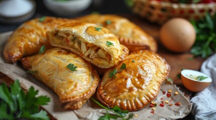 Wall Mural - Indonesian potato patties filled with sautÃ©ed vegetables, chicken, and egg. The pastry is made from leftover sourdough starter.