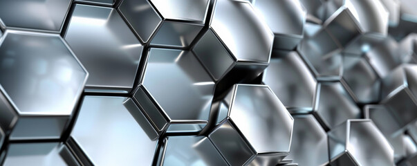 Wall Mural - Abstract hexagon geometry background with a metallic sheen. The hexagons are in shades of silver and chrome, with a reflective surface that catches the light. The design is sleek and industrial,