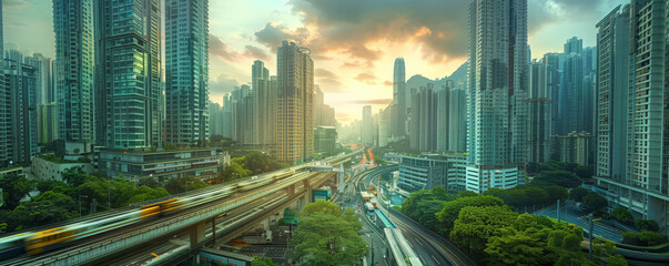Wall Mural - Futuristic landscape of a dense urban area with sleek, modern skyscrapers and advanced transportation. The city is alive with diverse cultures and cutting-edge technology, creating a dynamic and