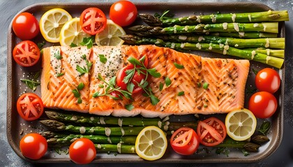 Wall Mural - Baked salmon garnished with asparagus and tomatoes with herbs. Top view
