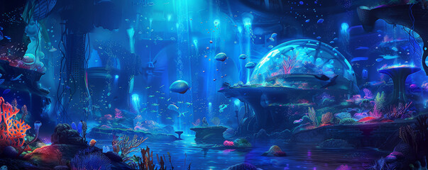 Wall Mural - Futuristic landscape of a sprawling underwater city with transparent domes and bioluminescent plants. The city is alive with diverse marine life and advanced technology, creating a magical underwater