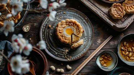 Moon cake with salted egg peanuts: A Chinese pastry filled with peanuts and salted egg. Spring roll pastry with nuts and salted eggs: A savory Asian pastry filled with nuts and salted egg