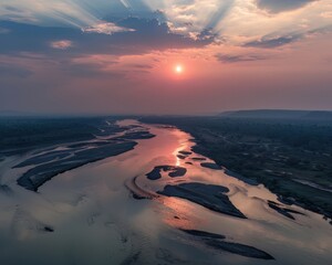 Wall Mural - Aerial view of the beautiful sunset over the Ganges river in wild nature