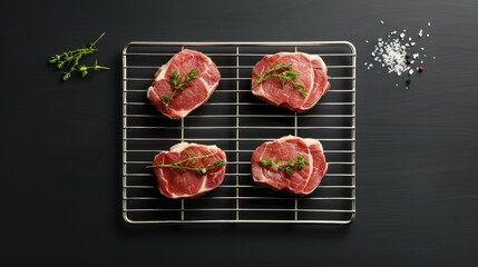 Wall Mural - A close-up of grilled pork chops with thyme and salt on a wire rack. The chops are cooked to perfection and are resting on a black background