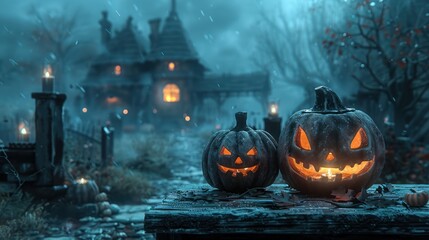 Wall Mural - Misty Night Halloween Decor: Jack-O-Lanterns & Candles on Table