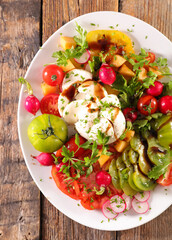 Poster - summer mixed vegetable salad with colored various tomatoes, radish and mozzarella