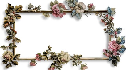 Wall Mural - Vintage floral picture frame with metallic flowers on white background
