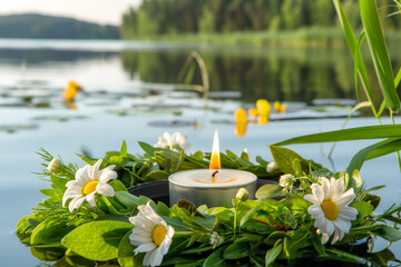 Floral wreath with candle floating on pond. Midsummer concept