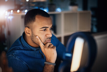 Aufkleber - Businessman, thinking and night with computer for project deadline, research or business decision at office. Man or employee working late on PC in wonder, thought or idea for online browsing at desk