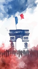 Wall Mural - Abstract watercolor illustration for bastille day celebration with arc de triomphe.