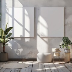 Modern and colorful mockup with two white posters of various sizes standing on the floor under bright, natural lighting