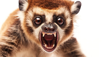  angry slow loris  small primate with sharp teeth, white background,