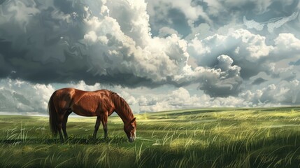 Horse grazing in a cloudy summer field