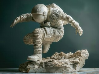 realistic marble statue of an astronaut in a dynamic pose, capturing the spirit of exploration, marb