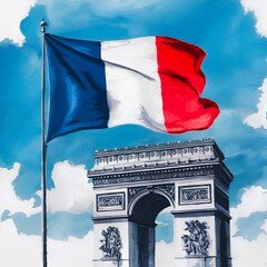 Sticker - Watercolor illustration of arc de triomphe and french flag.