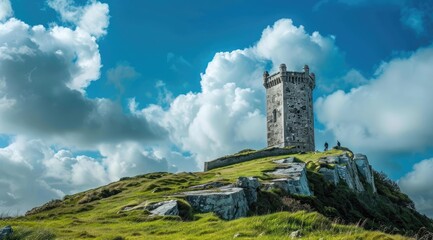 Historic stone tower on a hilltop under blue sky with clouds, landscape photography of ancient architecture and nature