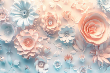 Wall Mural - Intricate pastel paper flowers in a 3D render, forming a beautiful wall background. Ideal for Valentine's Day, Easter, Mother's Day, or wedding cards, this digital illustration in paper art style