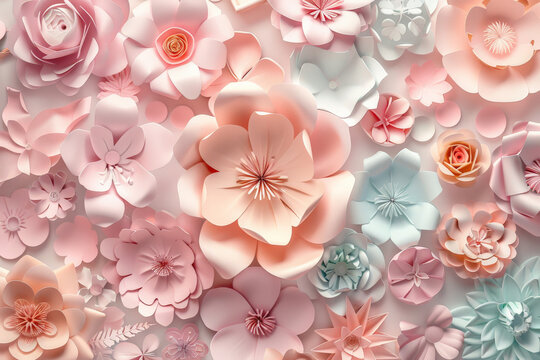 Intricate pastel paper flowers in a 3D render, forming a beautiful wall background. Ideal for Valentine's Day, Easter, Mother's Day, or wedding cards, this digital illustration in paper art style