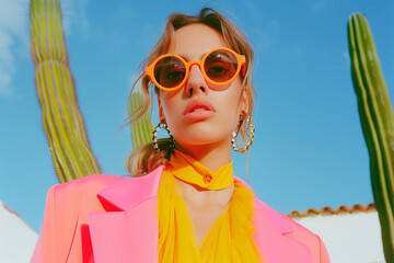 Wall Mural - A stylish woman in vibrant pink and yellow clothing with orange sunglasses poses among cacti. Minimal fashion portrait concept.