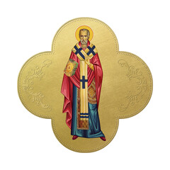 Orthodox traditional image of Saint Nicholas of Myra. Golden Christian cross in Byzantine style