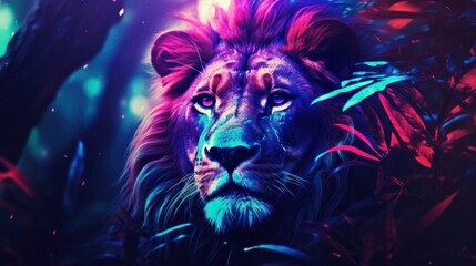 Wall Mural - Lion with colorful neon retrowave background.