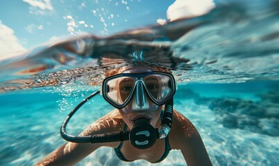 Close-up macro shot of a tourist snorkeling in pristine crystal-clear waters, exploring vibrant underwater marine life