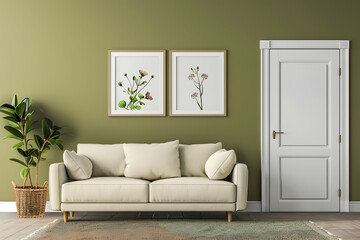 Wall Mural - A modern living room with an olive green wall, beige sofa and two framed flower pictures on the wall above it. A white door is open to one side of the couch. 
