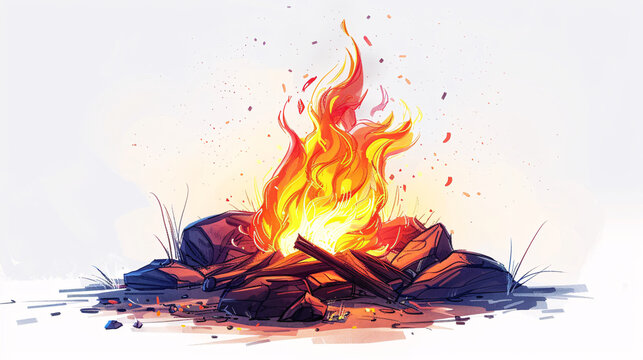 Cartoonish depiction of a blazing campfire, on white background