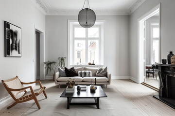 Canvas Print - Elegant minimalistic Scandinavian living room featuring modern furniture, large windows, sofa and stylish artwork decor creating a serene and cozy atmosphere