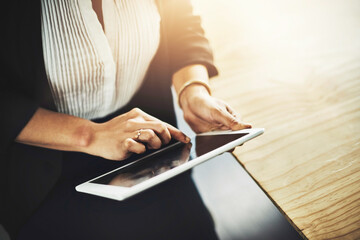 Poster - Hands, business and woman with tablet, ebook and internet with communication, online reading and copywriting. Closeup, person and journalist with technology, social media and digital app for editing