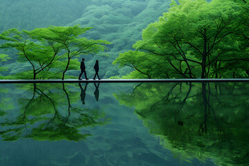 Wall Mural - A minimalist photo of two people walking on an elevated, mirror-like platform above the water's surface in front of green trees. The reflection is clear and symmetrical.
