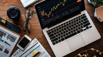 Poster - A high-angle view of a desk with a laptop displaying a gold price graph and financial documents spread out