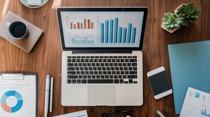 Poster - A high-angle view of a workspace with a laptop displaying a bar graph and financial documents spread out.