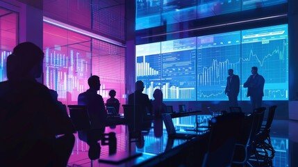 Poster - A meeting room with a presentation screen displaying complex financial graphs, while businesspeople discuss strategies.
