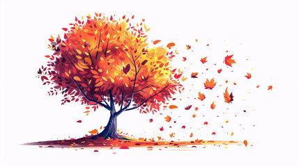 Cute cartoon illustration of an autumn tree with colorful leaves, isolated on white background