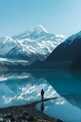 Wall Mural - A person standing at the edge of Milk Lake, New Zealand with snow-capped mountains in the background. The lake is clear and blue under the sun, reflecting the white snowy peaks 