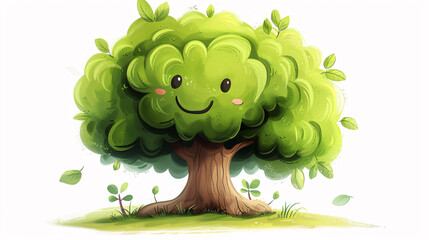 Wall Mural - Cute cartoon tree with a round trunk and dense foliage, on white background