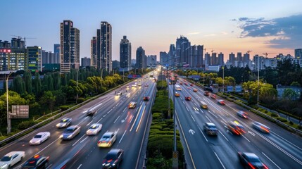 Poster - A panoramic view of a modern highway with cars and trucks commuting between cities, emphasizing transportation infrastructure.