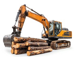 Excavator with a log grapple attachment, isolated on white, highlighting forestry and logging capabilities