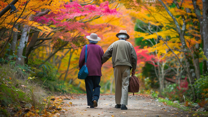 Sticker - 紅葉の公園を手をつないで歩く日本の老夫婦