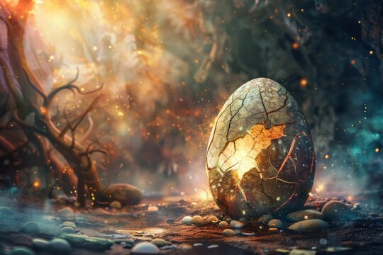 A dragon egg with cracks, with a softly blurred background of a fantasy cave 